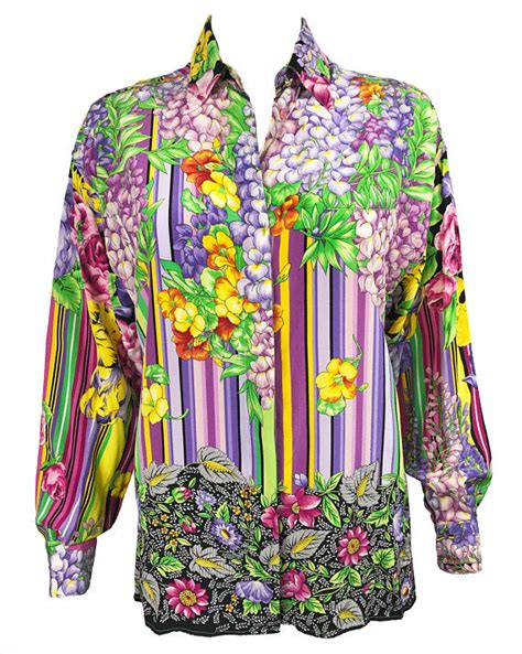 versus versace stripes and floral silk shirt|Silk Shirts & Blouses .